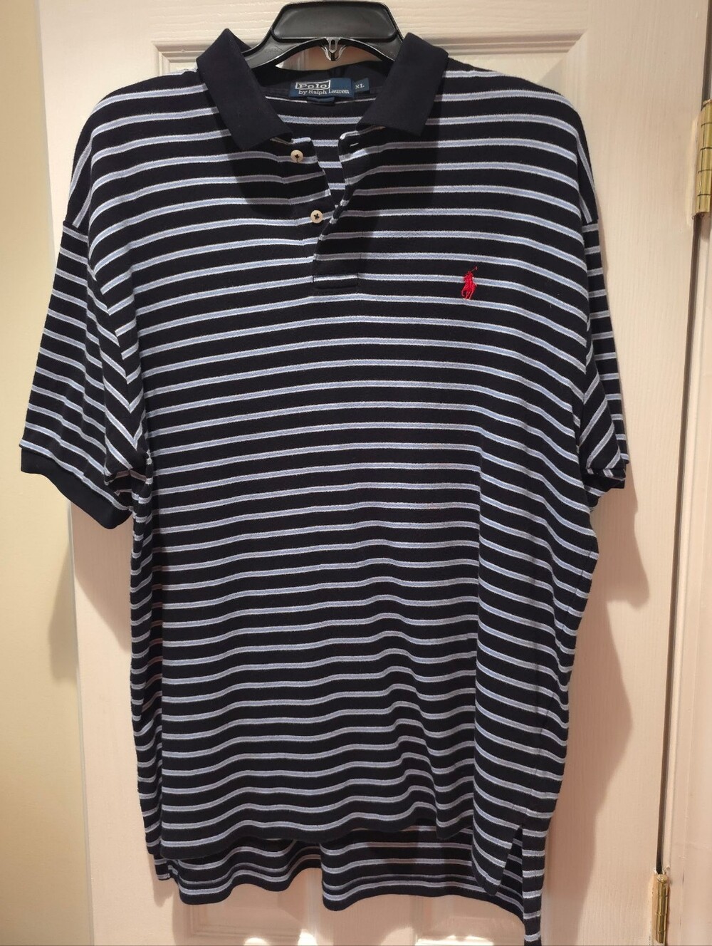 Polo by Ralph Lauren Navy and White Striped Polo with Red Pony